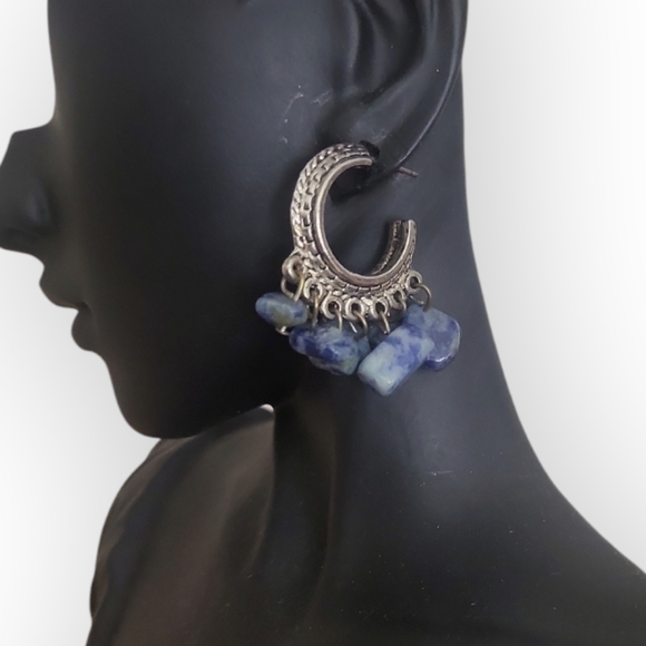 Silvertone Etched Hoop Blue Sodalite Stone Pierced Earrings - Picture 1 of 6
